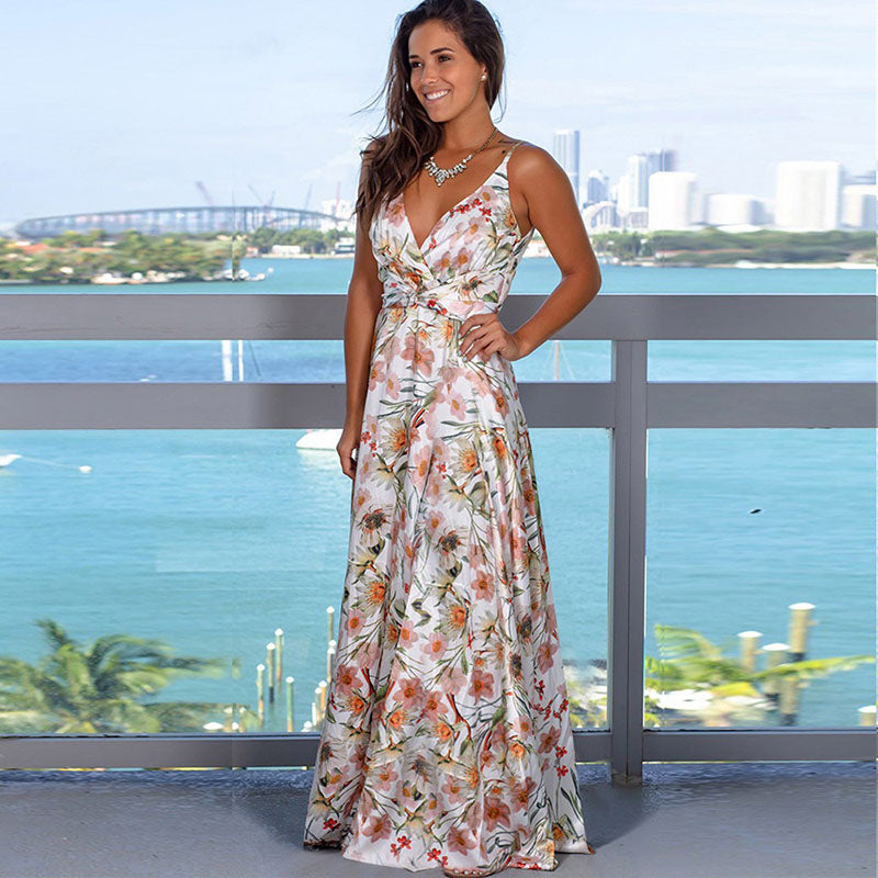 Printed Sexy V-neck Holiday Beach Sling Dresses