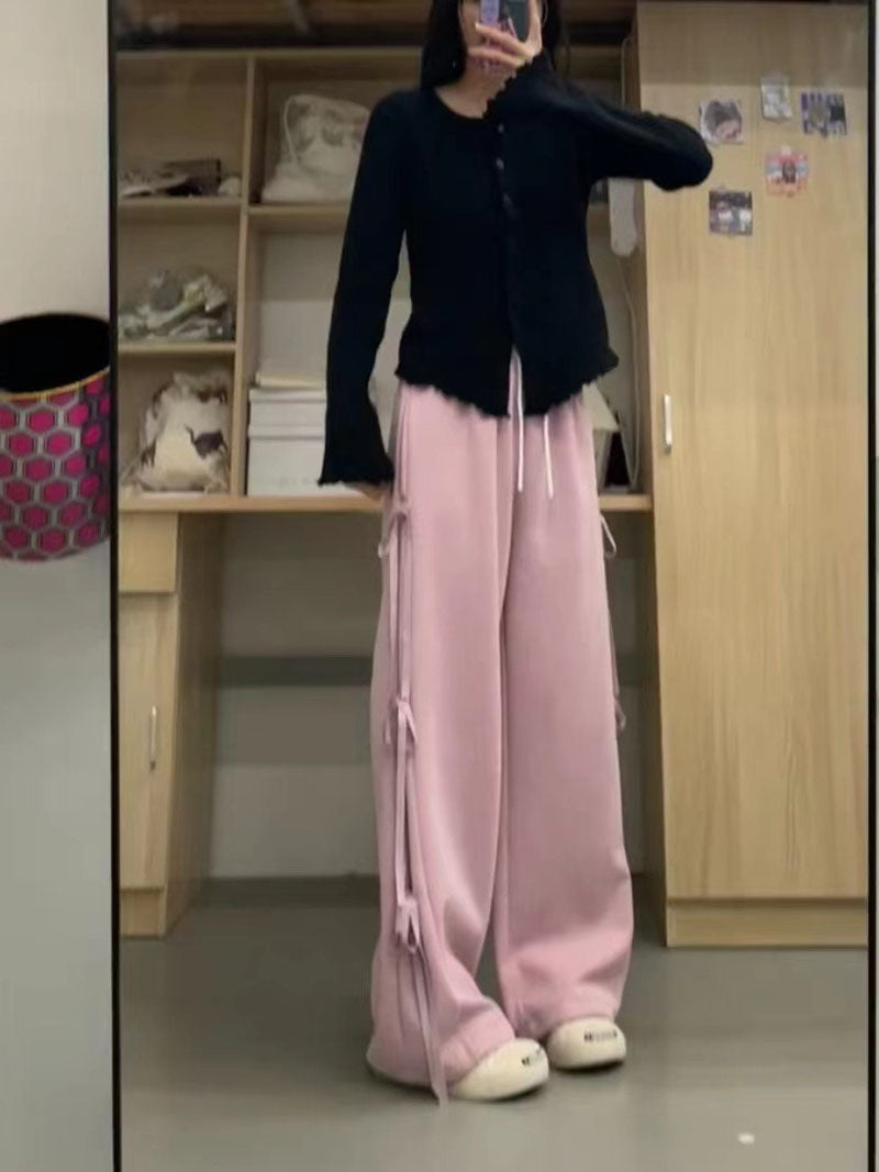 Retro Bow Tie Straight Sweatpants Women's Spring Loose Casual Wide Leg Pants