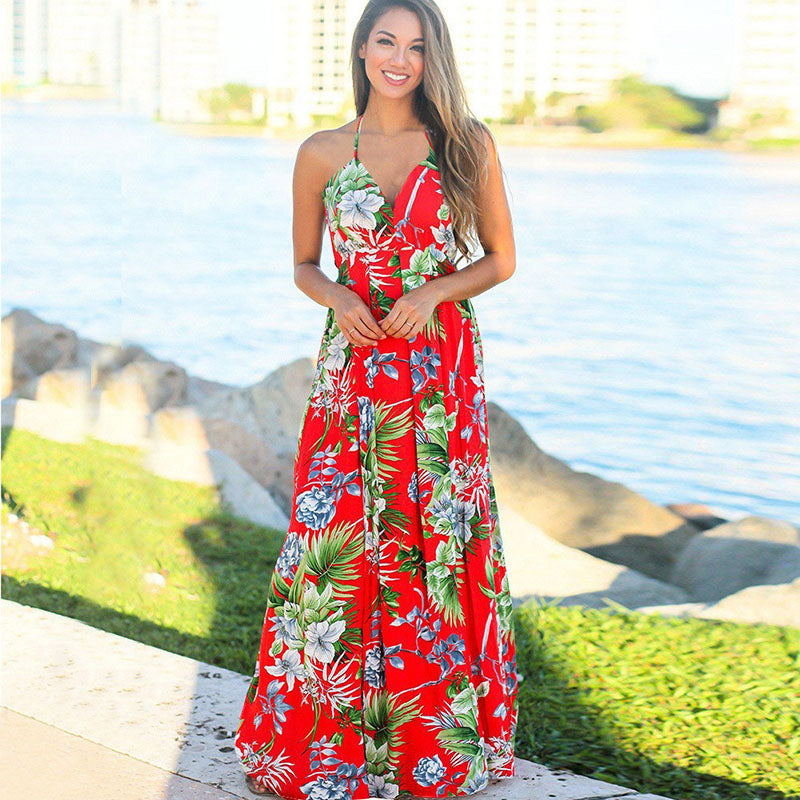 Printed Sexy V-neck Holiday Beach Sling Dresses
