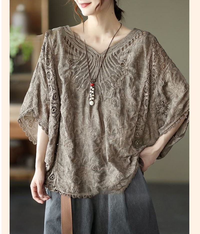 Hollow-out Hook Flower Bat Sleeve Tops