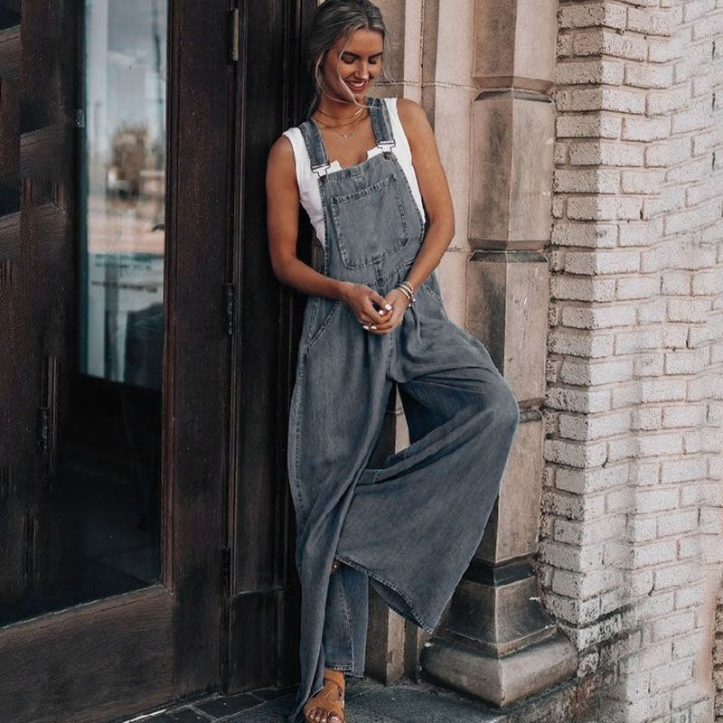 Women's Side Pocket Wide Legs Denim Overalls Jumpsuit