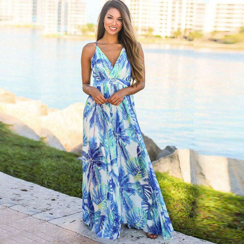 Printed Sexy V-neck Holiday Beach Sling Dresses
