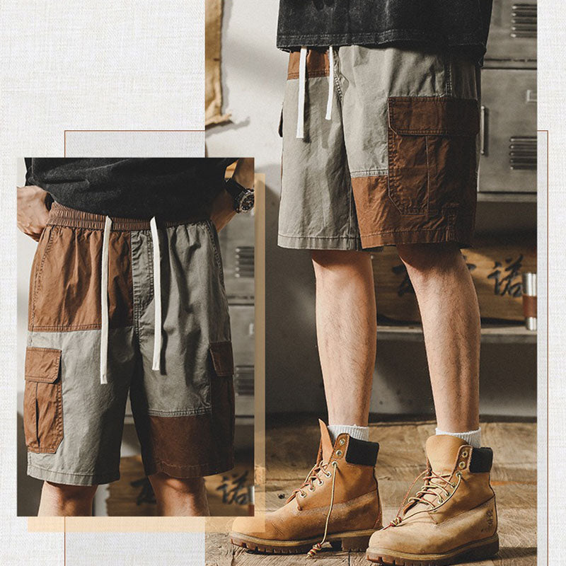 Retro Contrasting Workwear Shorts Casual Outdoor Half Pants