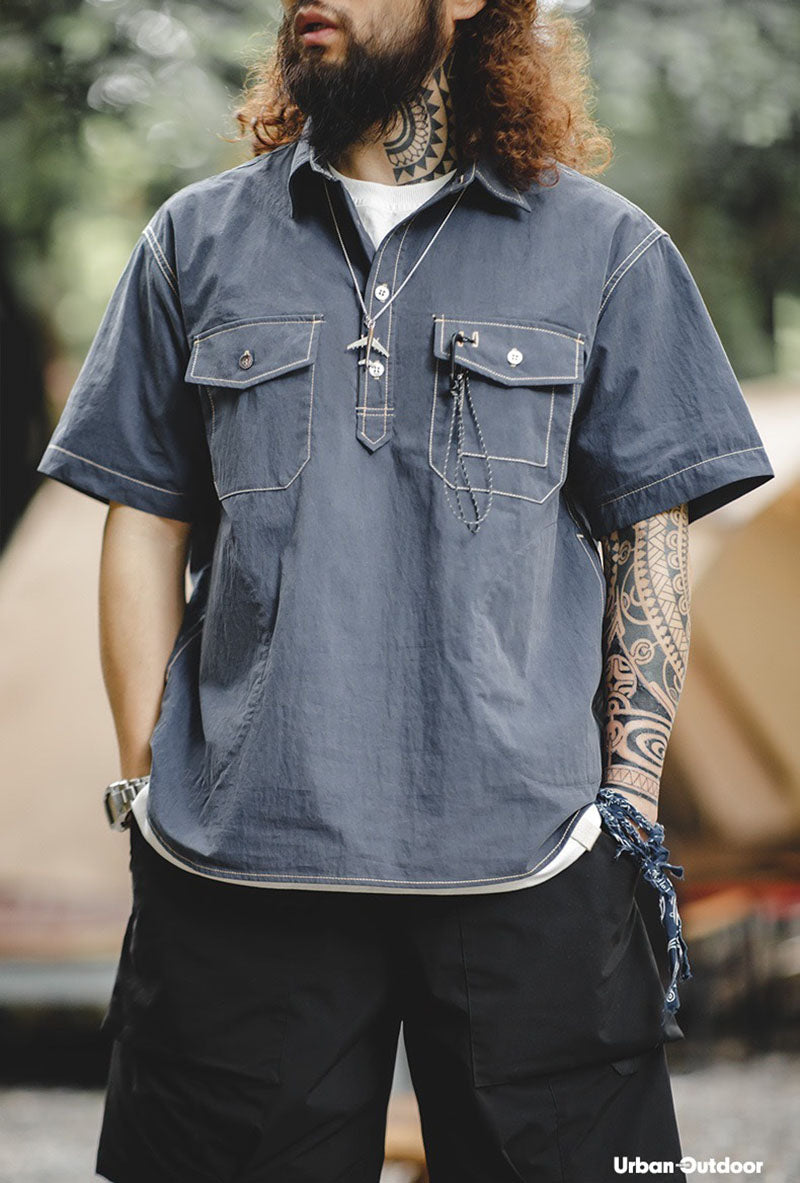 Casual Short Sleeve Shirt Pocket Urban Outdoor Collar Men's Shirt