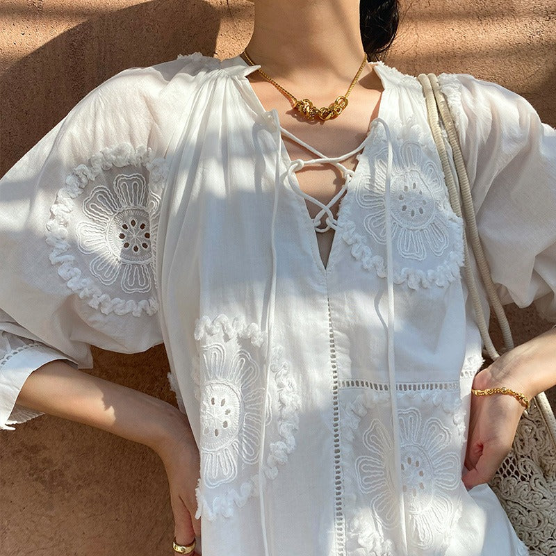 Summer V-neck White A-line Holiday Dress