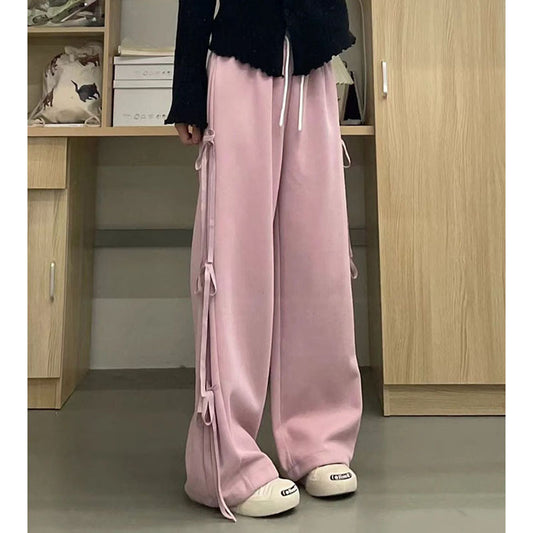 Retro Bow Tie Straight Sweatpants Women's Spring Loose Casual Wide Leg Pants
