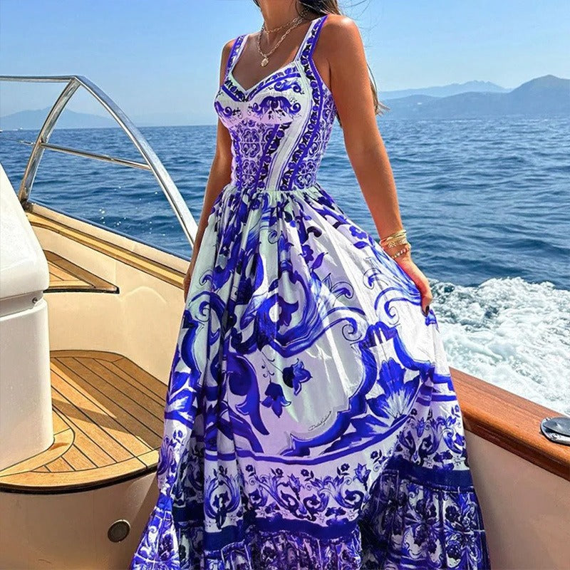 New Women's Bohemian Printed Suspender High Waist Large Swing Dress