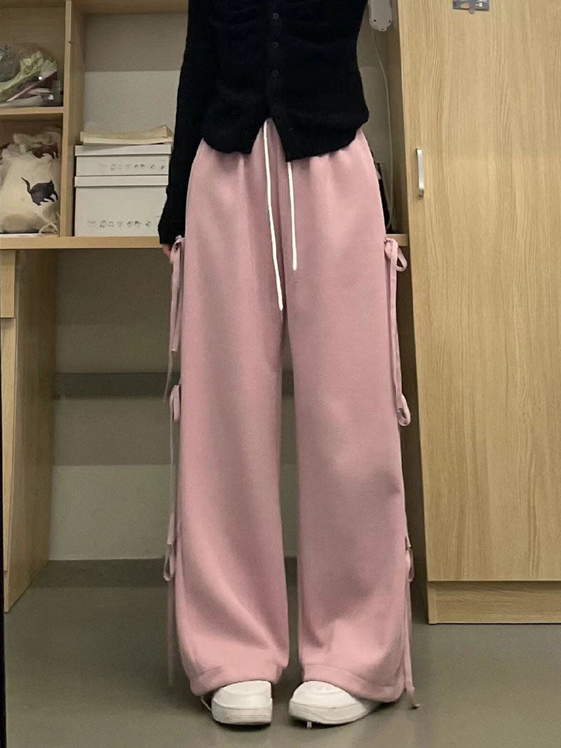 Retro Bow Tie Straight Sweatpants Women's Spring Loose Casual Wide Leg Pants