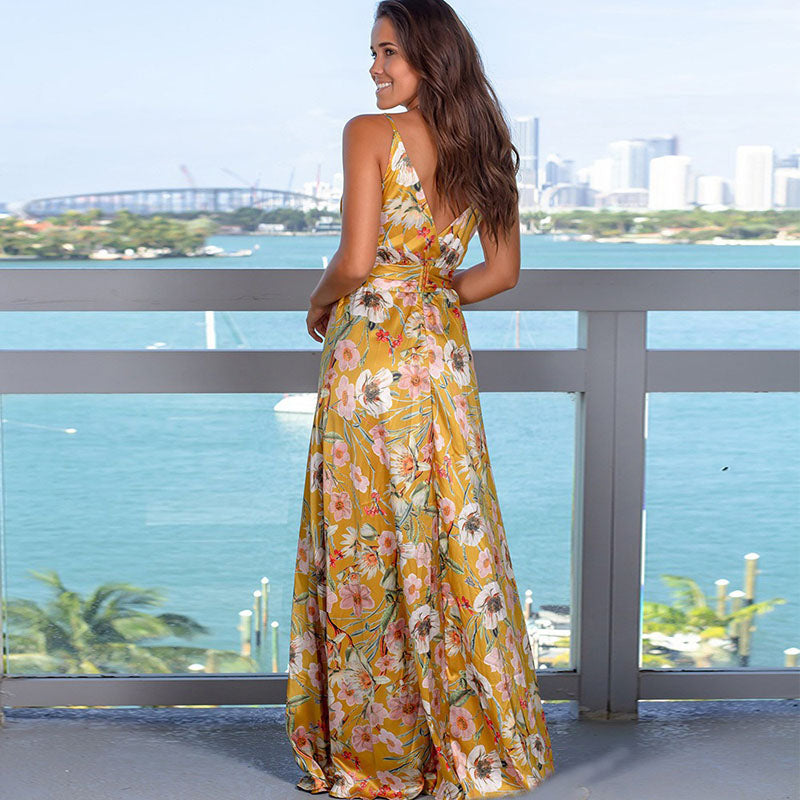 Printed Sexy V-neck Holiday Beach Sling Dresses