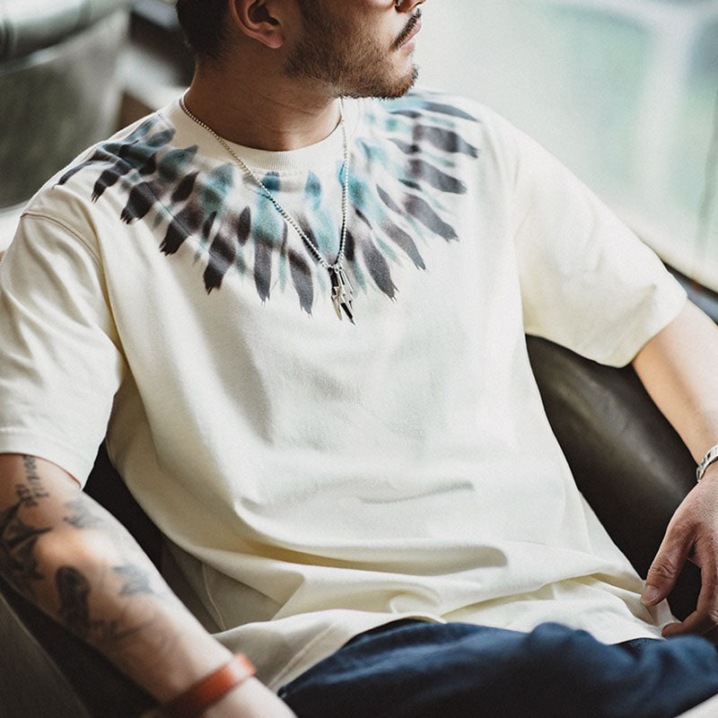 Retro Feather Printed Short Sleeve Ethnic Style T-shirt