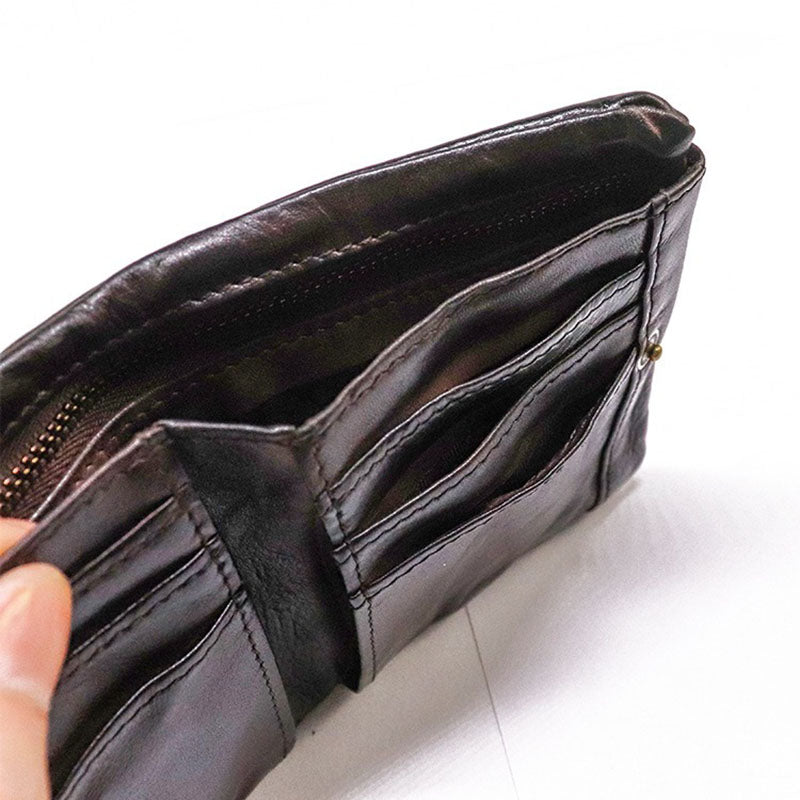 Retro Genuine Leather Short Wallet Zipper Multi Slots Card Holder