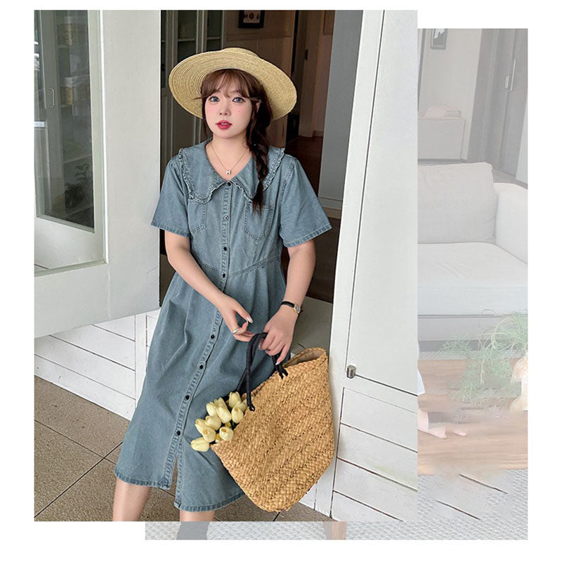 Retro Summer Doll Collar Denim Dress Women High-Waist A-line Skirt