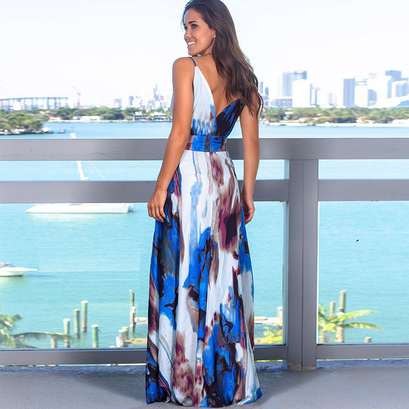 Printed Sexy V-neck Holiday Beach Sling Dresses