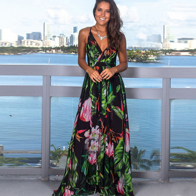 Printed Sexy V-neck Holiday Beach Sling Dresses
