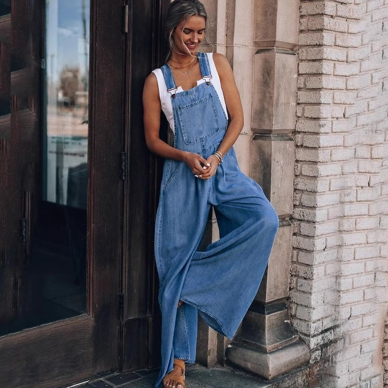 Women's Side Pocket Wide Legs Denim Overalls Jumpsuit
