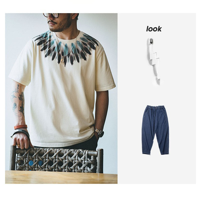 Retro Feather Printed Short Sleeve Ethnic Style T-shirt