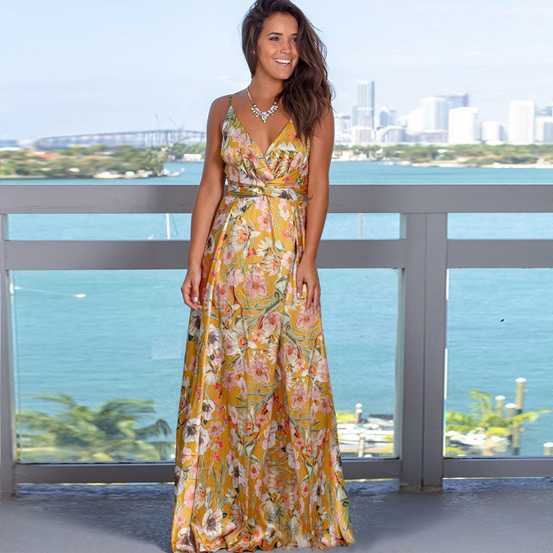 Printed Sexy V-neck Holiday Beach Sling Dresses