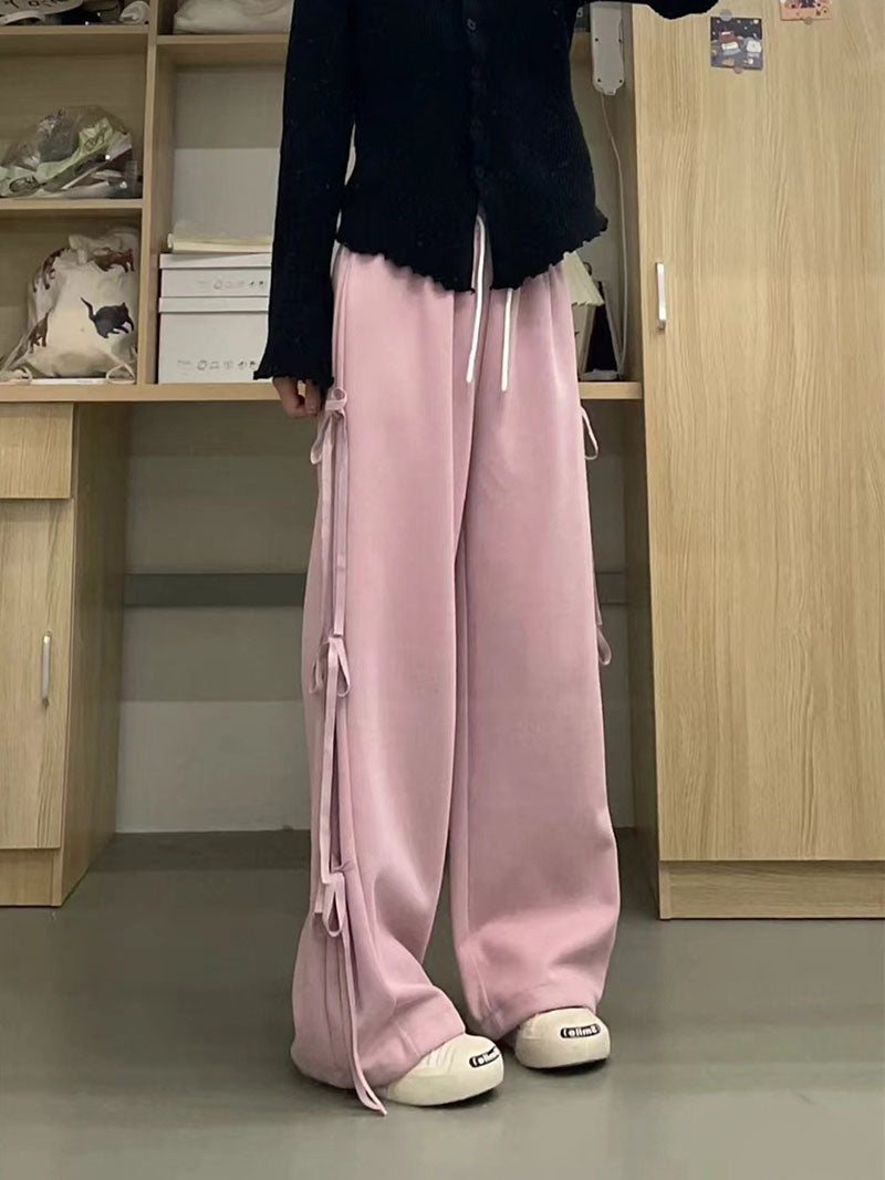 Retro Bow Tie Straight Sweatpants Women's Spring Loose Casual Wide Leg Pants