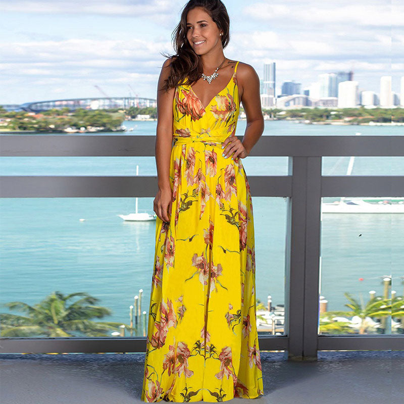 Printed Sexy V-neck Holiday Beach Sling Dresses