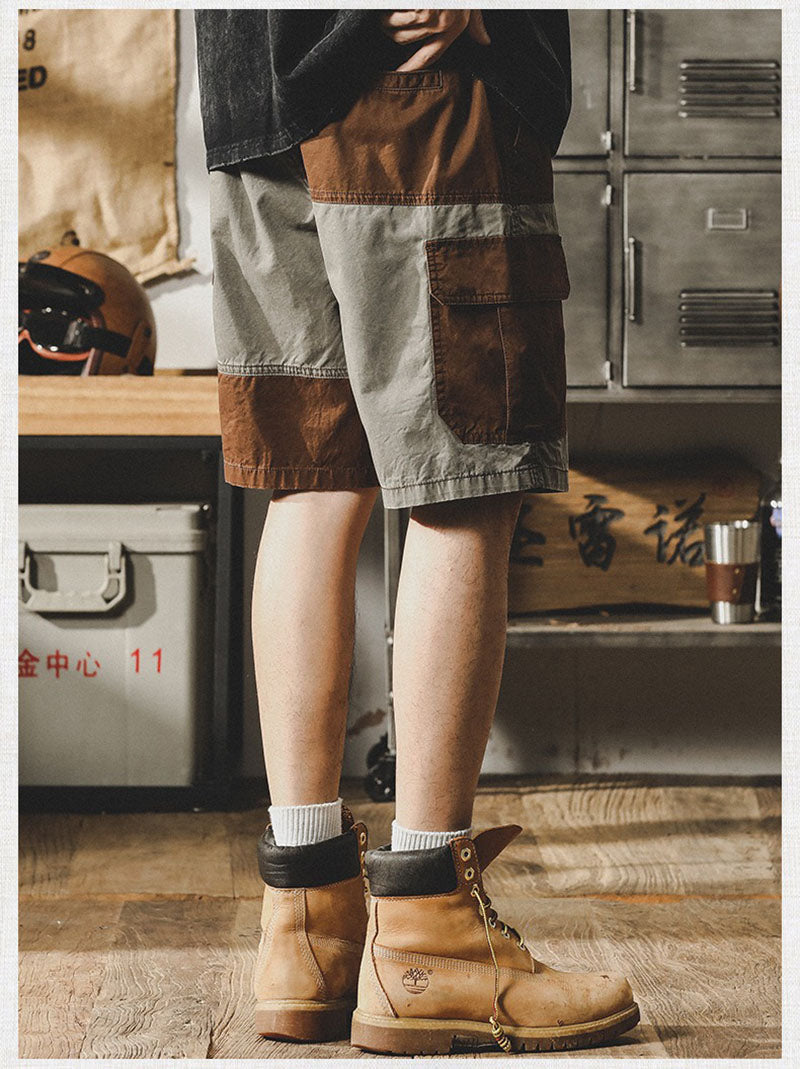 Retro Contrasting Workwear Shorts Casual Outdoor Half Pants