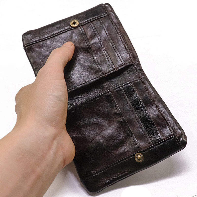 Retro Genuine Leather Short Wallet Zipper Multi Slots Card Holder