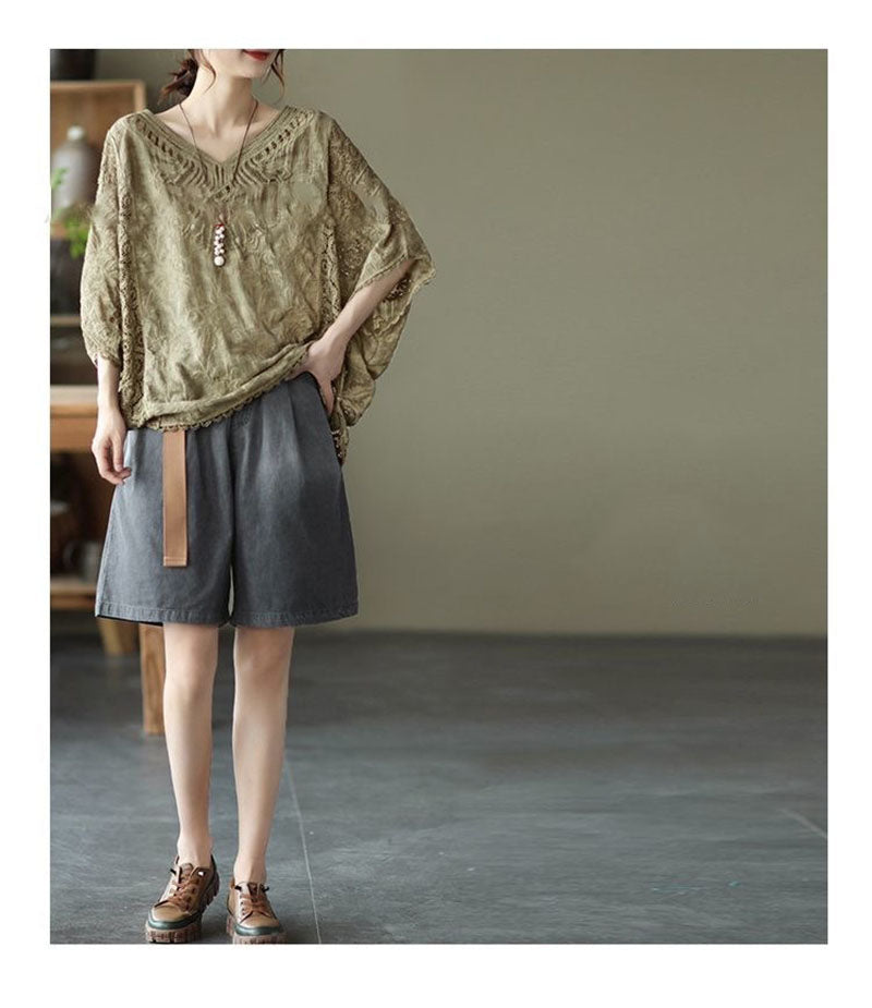 Hollow-out Hook Flower Bat Sleeve Tops