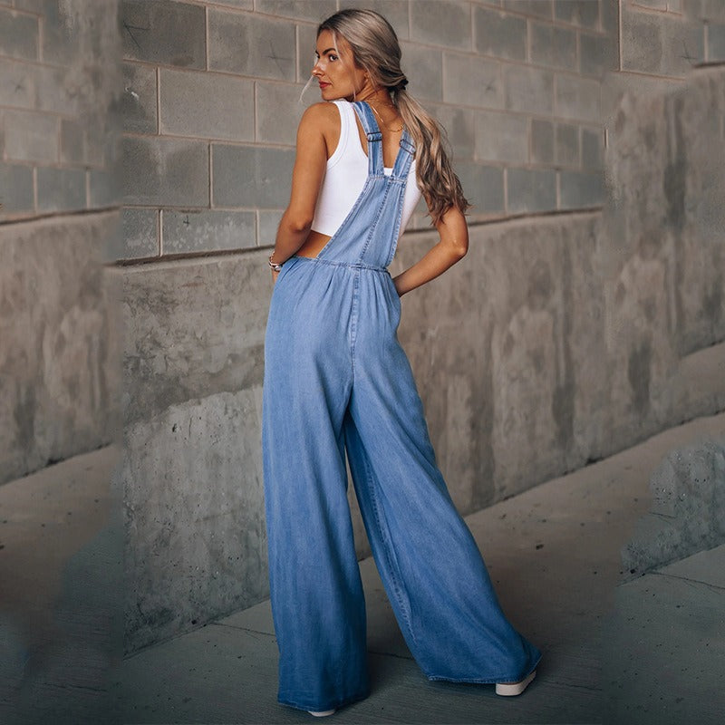 Women's Side Pocket Wide Legs Denim Overalls Jumpsuit