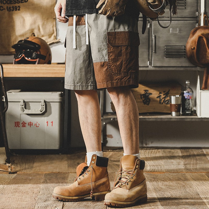 Retro Contrasting Workwear Shorts Casual Outdoor Half Pants