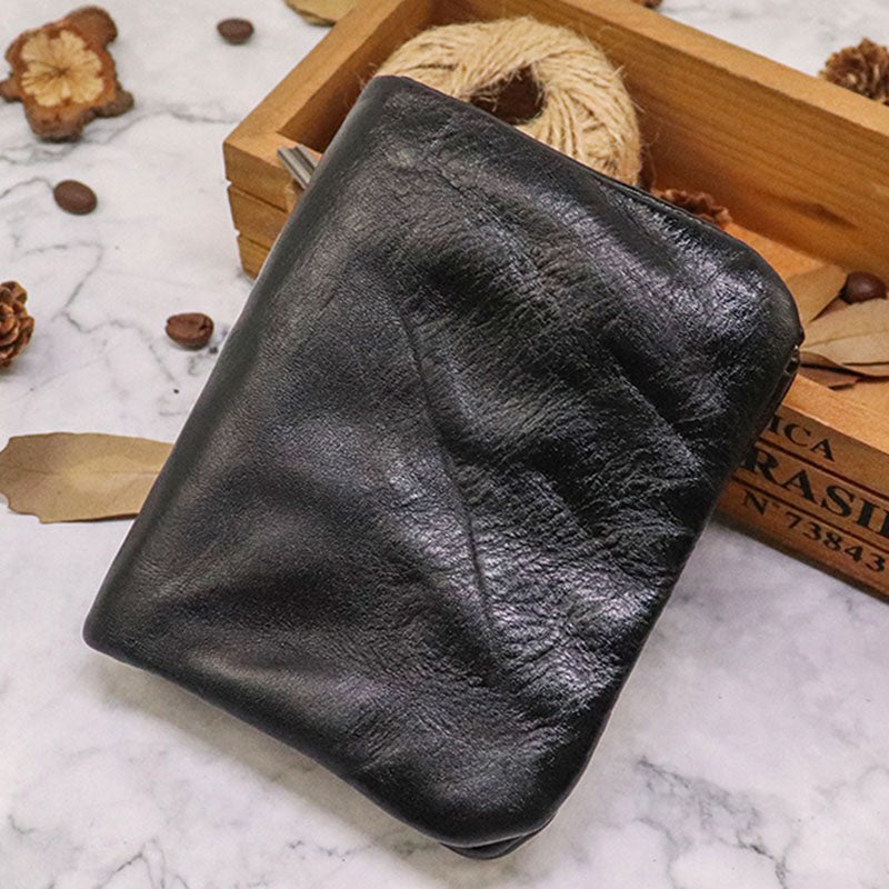 Retro Genuine Leather Short Wallet Zipper Multi Slots Card Holder