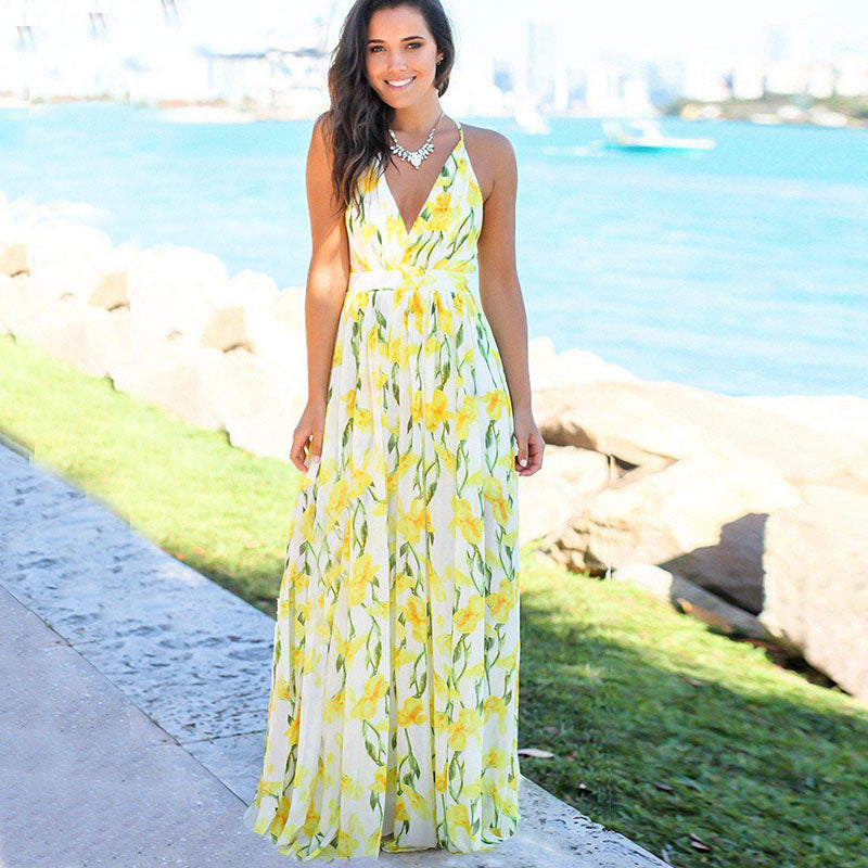 Printed Sexy V-neck Holiday Beach Sling Dresses