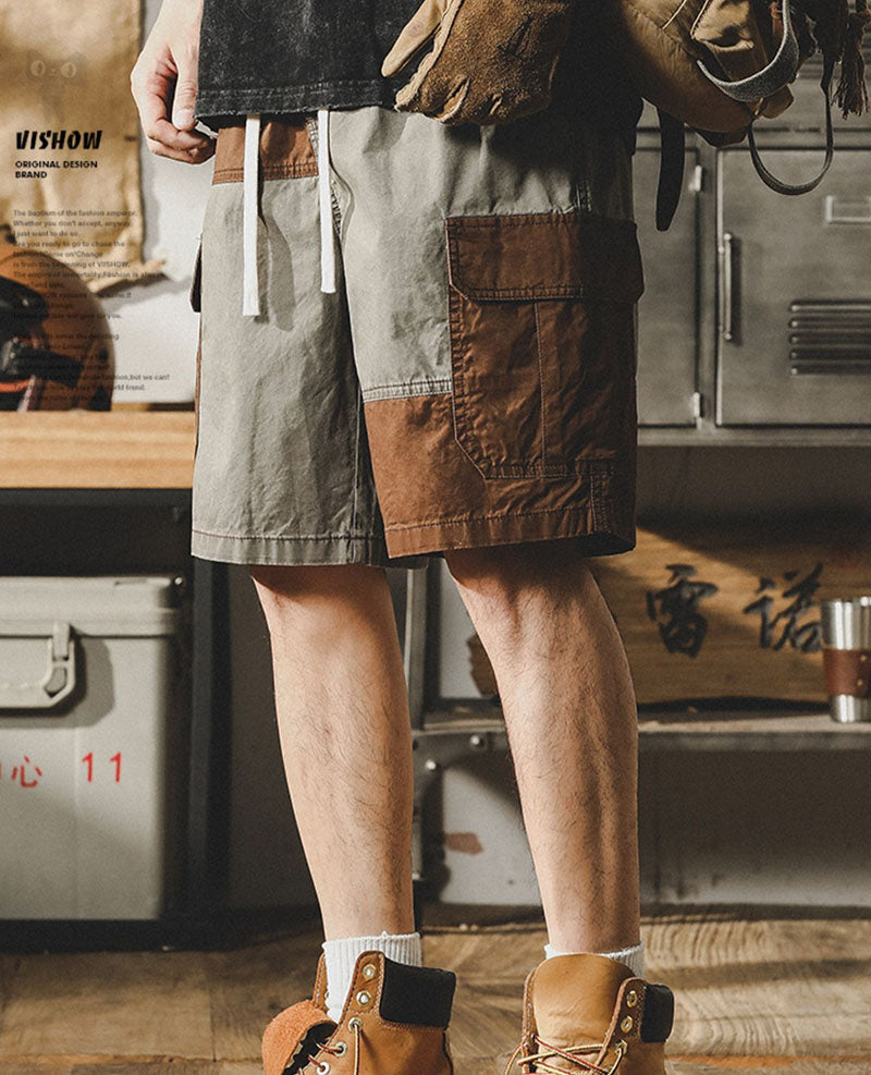 Retro Contrasting Workwear Shorts Casual Outdoor Half Pants
