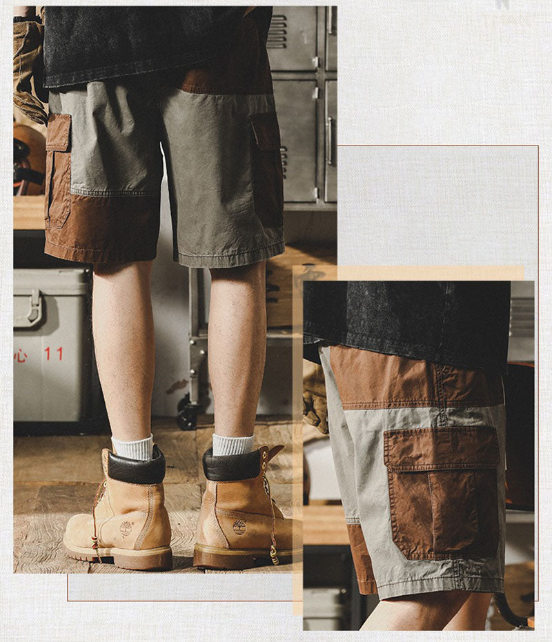 Retro Contrasting Workwear Shorts Casual Outdoor Half Pants