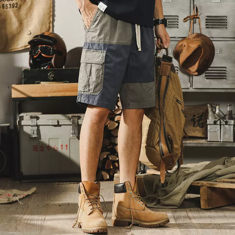 Retro Contrasting Workwear Shorts Casual Outdoor Half Pants