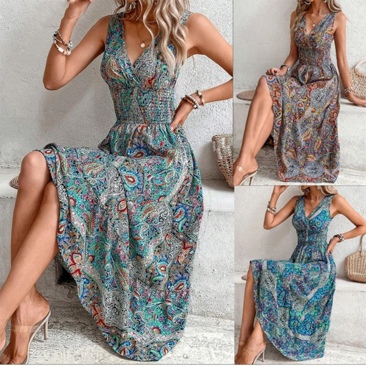 Vintage Bohemian Printed V-neck High Waisted Dress