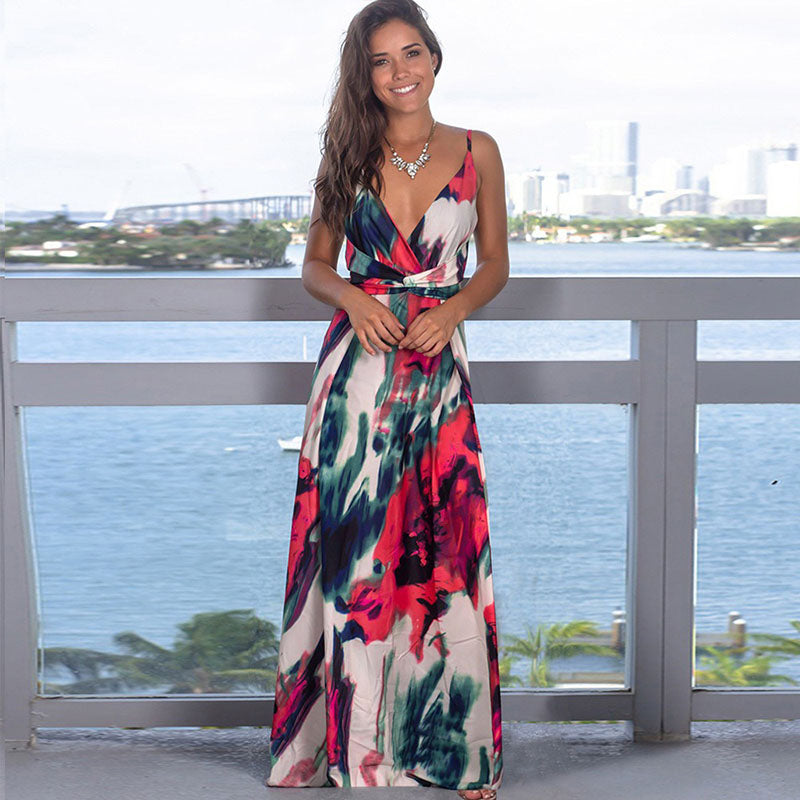 Printed Sexy V-neck Holiday Beach Sling Dresses
