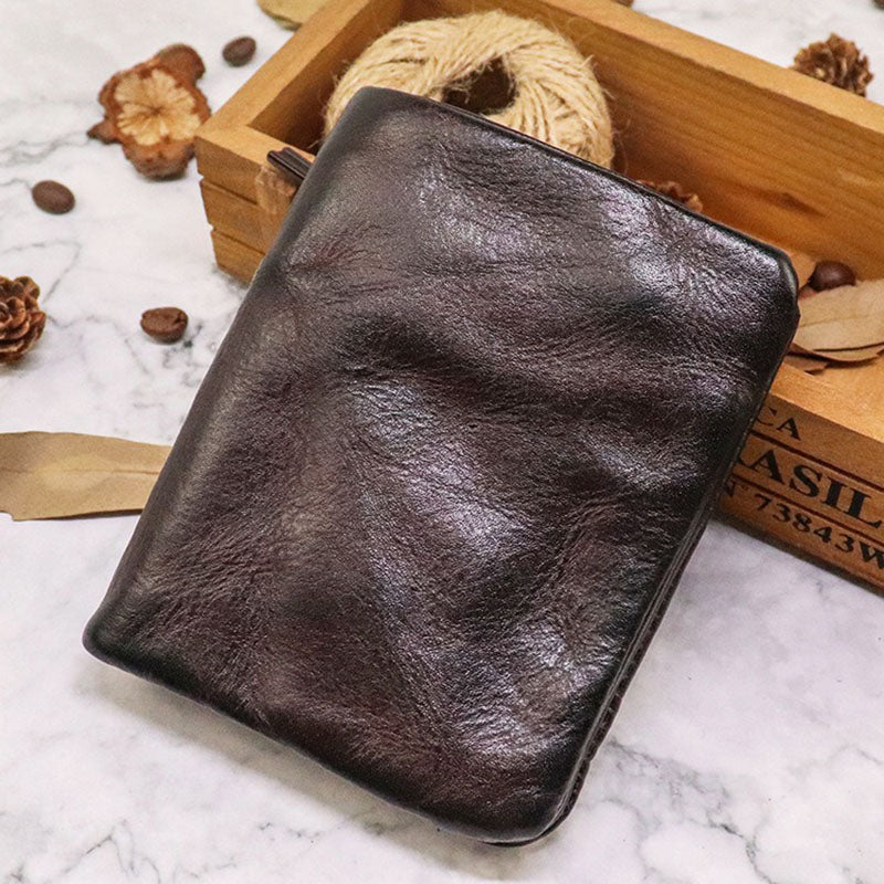Retro Genuine Leather Short Wallet Zipper Multi Slots Card Holder