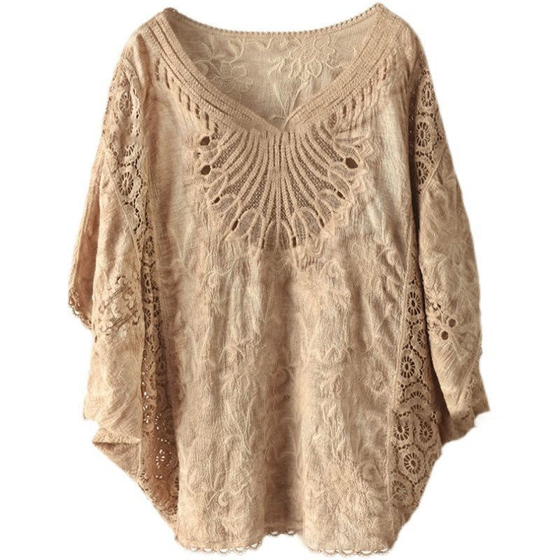 Hollow-out Hook Flower Bat Sleeve Tops