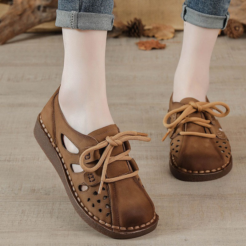 Retro Genuine Leather Soft Sole Hollow Wide-foot Sandals