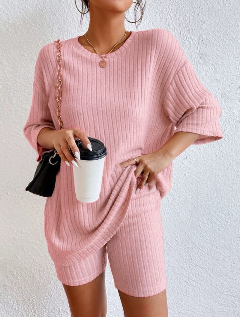 Casual Round-neck Loose Women's Shorts Set