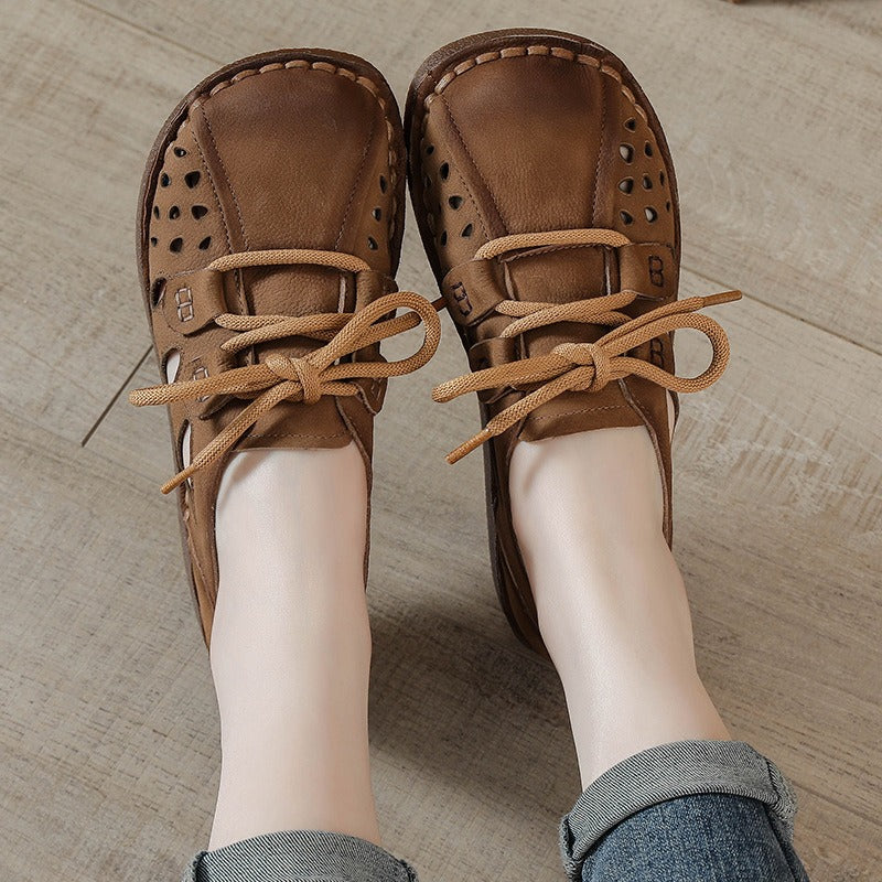 Retro Genuine Leather Soft Sole Hollow Wide-foot Sandals