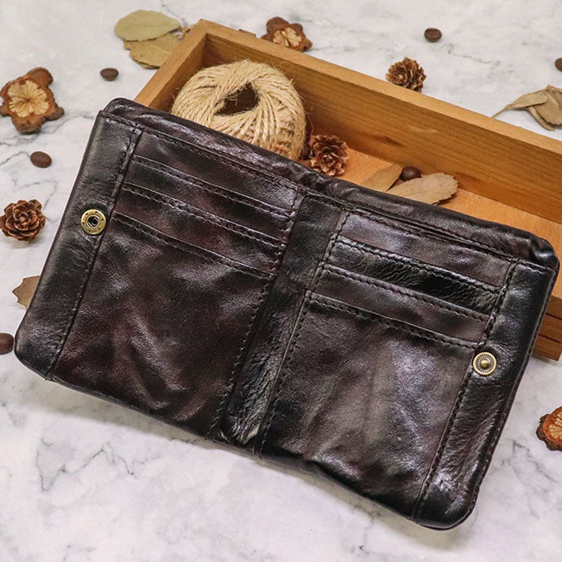 Retro Genuine Leather Short Wallet Zipper Multi Slots Card Holder