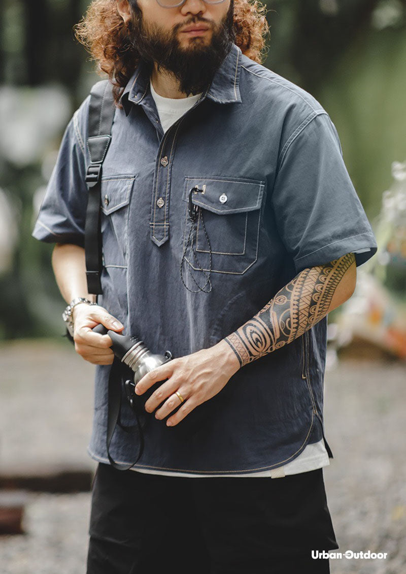 Casual Short Sleeve Shirt Pocket Urban Outdoor Collar Men's Shirt