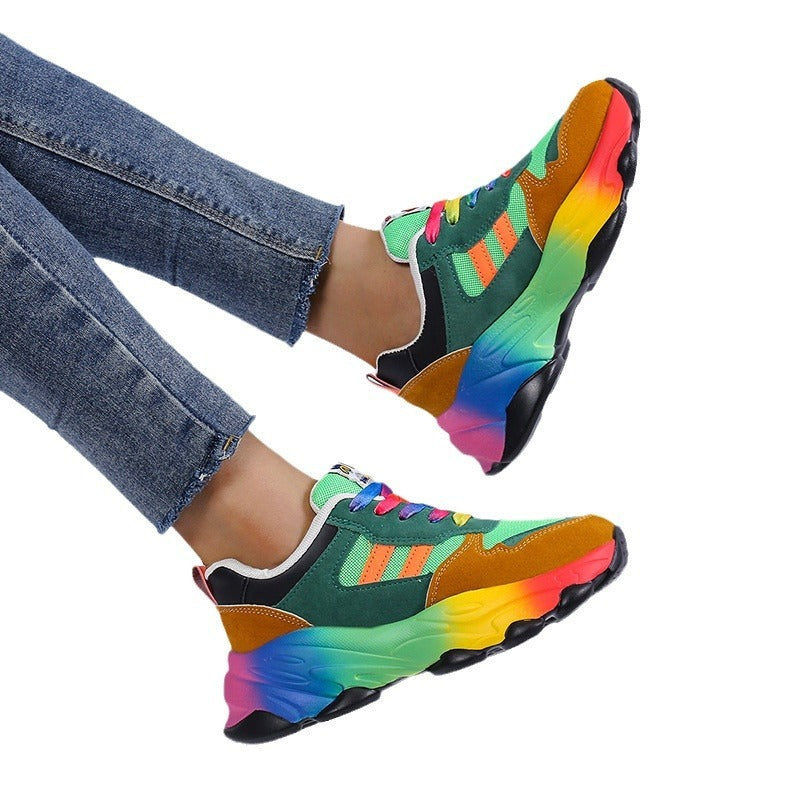 Casual Rainbow-bottom Lace-up Woven Breathable Sneakers