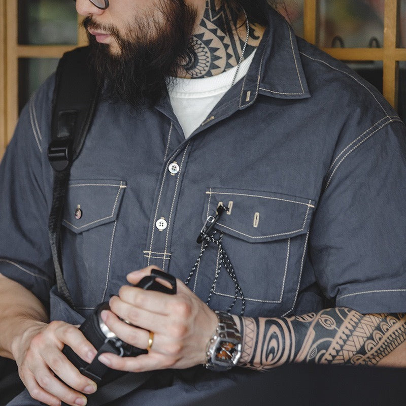 Casual Short Sleeve Shirt Pocket Urban Outdoor Collar Men's Shirt