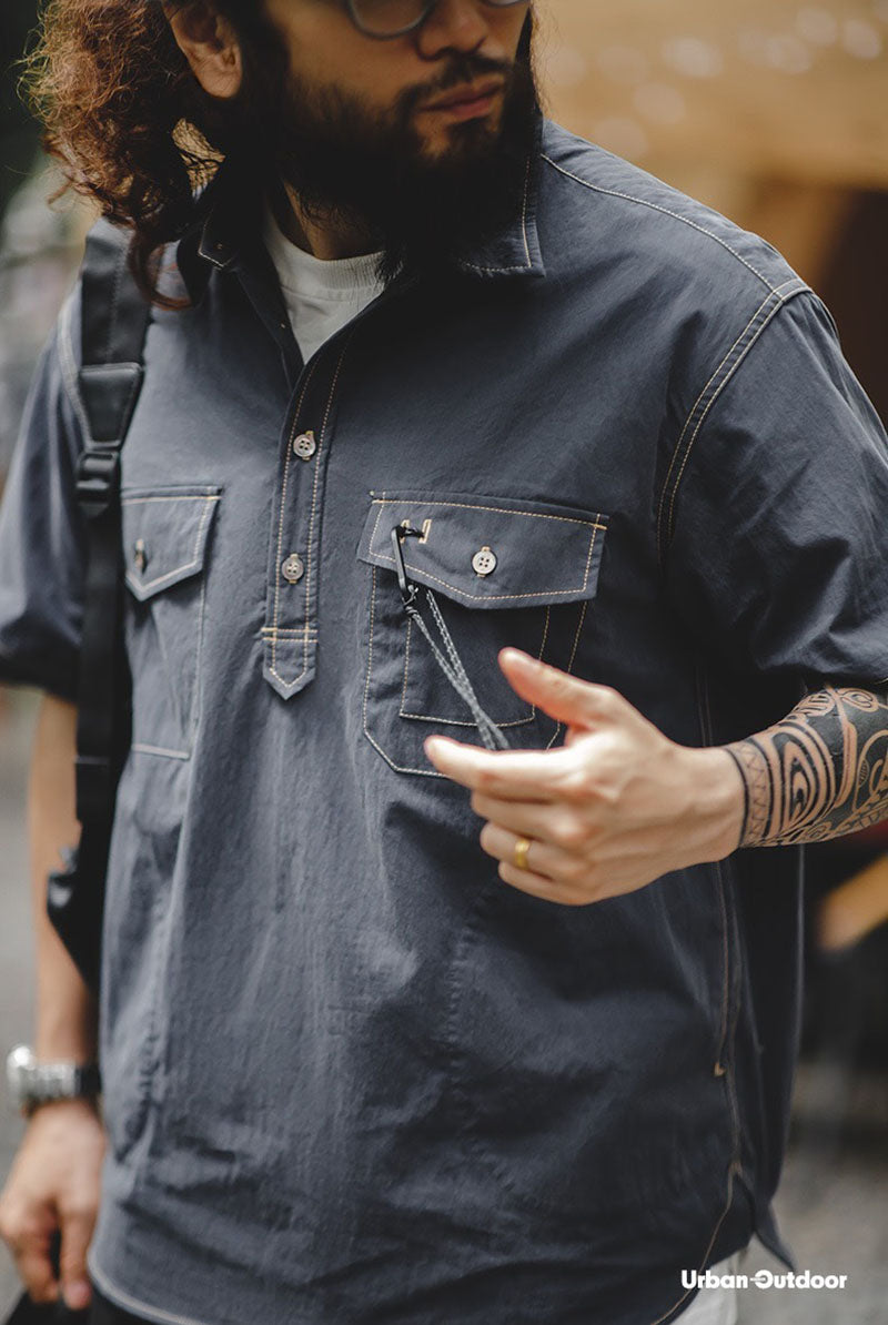 Casual Short Sleeve Shirt Pocket Urban Outdoor Collar Men's Shirt